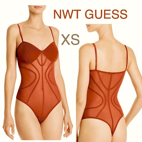 𝗡𝗪𝗧 GUESS spicy orange bodysuit mesh transparent contour sienna clay XS MELINDA - Picture 4 of 12